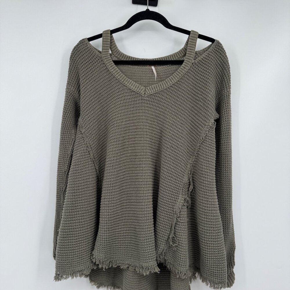 Free People Cold Shoulder Top Womens Small Green Thermal Knit Long Sleeve Woman’